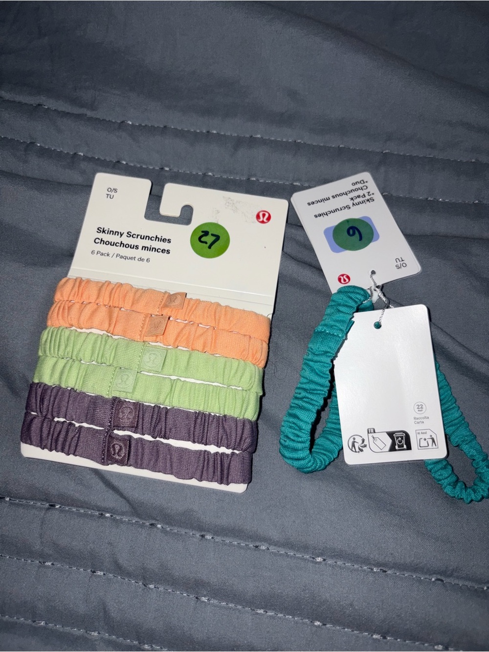lululemon athletica Skinny Scrunchies Pack in Peach, Light Green, Purple & Teal